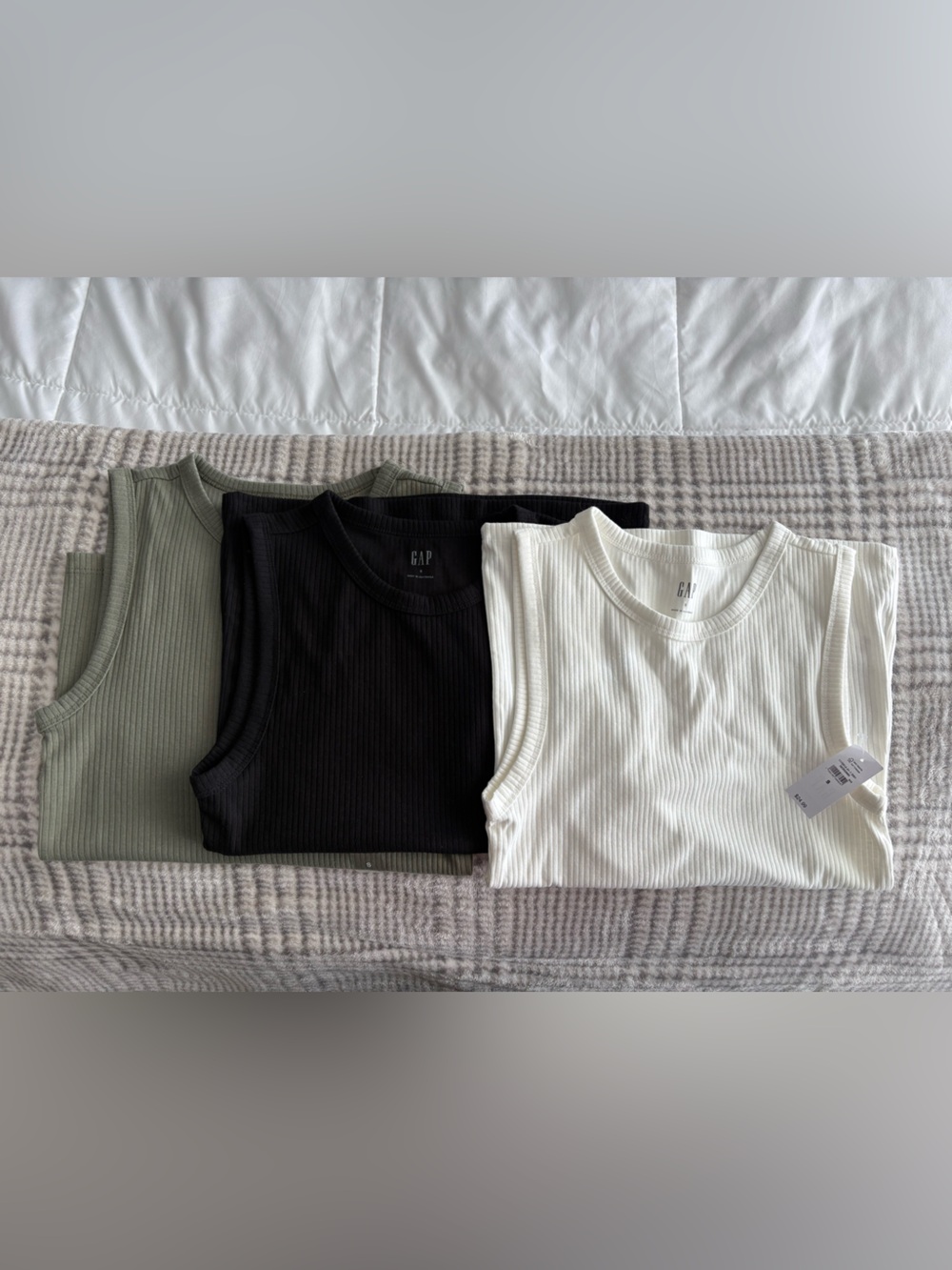 GAP Ribbed Tank Tops — Olive Green, Black, Cream (3-Pack)